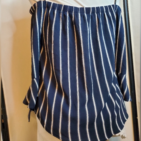 Navy Blue Striped Off-Shoulder Flare Midi Blouse Ruffle Cuffs Mint Condition - Picture 9 of 14